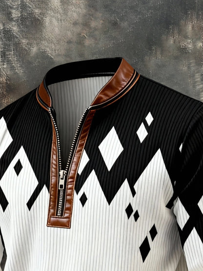 Men's Vintage Color-Block Printed Zip-Up Hoodie