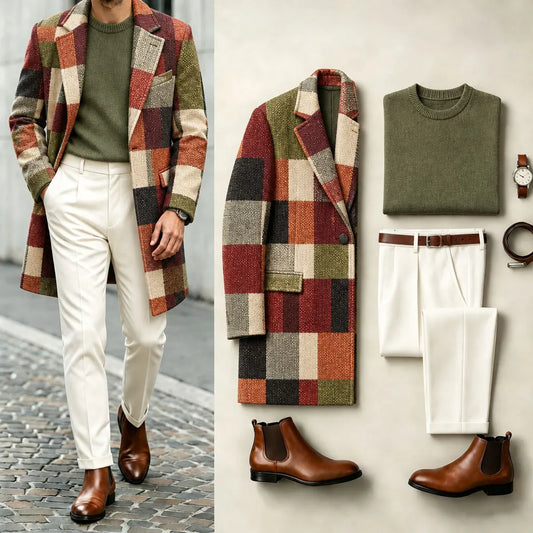 Men's Checkered Print Suit Set: Coat, Knit Sweater, and Pants