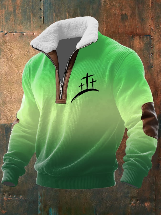 Men's Vintage Faith Printed Zip Fur Collar Long Sleeve Textured Sweatshirt