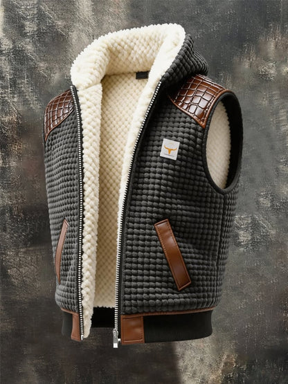 Men's Retro Leather-Panelled Insulated Outdoor Hooded Vest