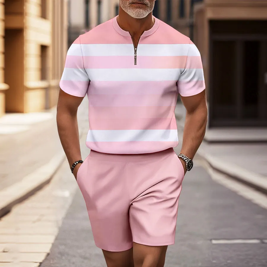 Men's Casual Pink & White Geometric Half-Zip Short-Sleeved Shirt And Shorts Two-Piece Set