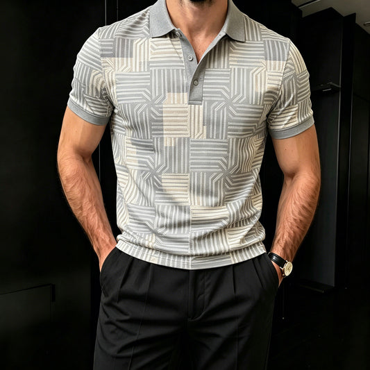 Men's Casual Apricot And Gray Color Matching Printed Short Sleeves Polo Shirt
