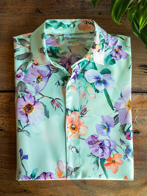 Men's Satin Luxe Hawaiian Print Short Sleeve Button Shirt