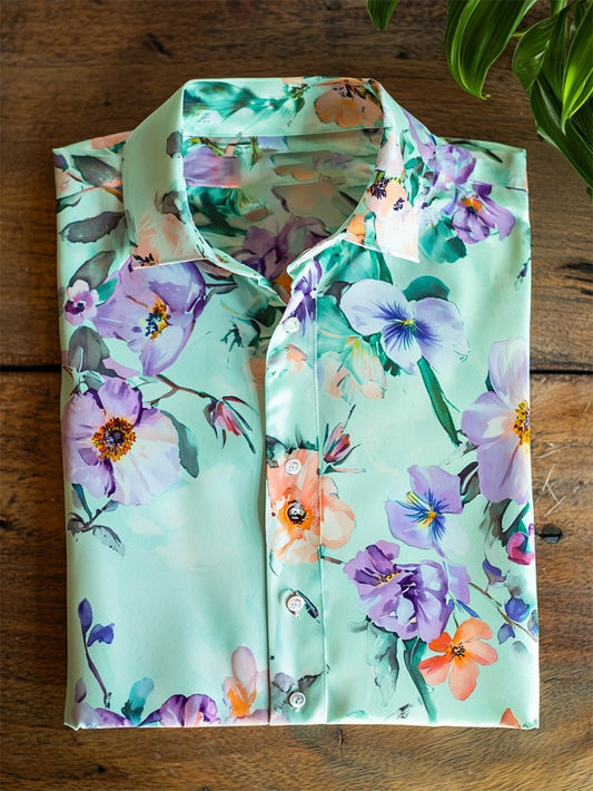 Men's Satin Luxe Hawaiian Print Short Sleeve Button Shirt