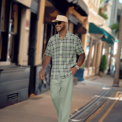 Men's Retro Plaid Colorblock Short Sleeve Shirt Walking Suit 1648