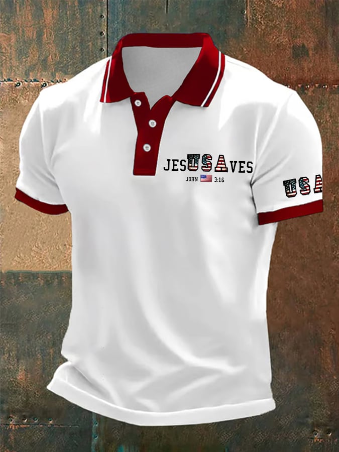 Men's Vintage USA Jesus Saves Printed POLO Shirt