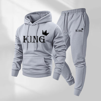 Men's King Pattern Print Hoodie and Drawstring Sweatpants Set, Menswear, Casual Athletic Long Sleeve Hooded Jacket & Trousers for Fall & Winter, Men's Clothing for Daily Wear, Sportswear Indoor Outdoor, Tracksuit, Athleisure