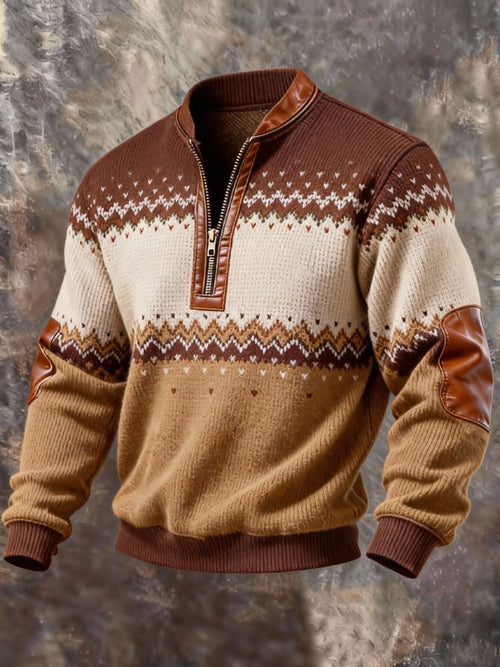 Men'S Casual Retro Contrast Color Half Zip Stand Collar Long Sleeve Sweatshirt