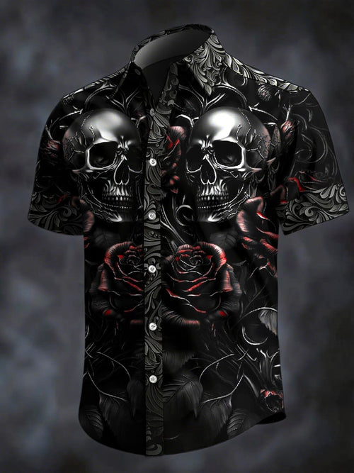 Men's Retro Horror Skull Print Lapel Short Sleeve Shirt