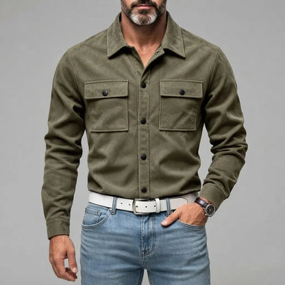 Men's Suede Solid Color Double Chest Pockets Snap Buttons Casual Long Sleeve Shirt