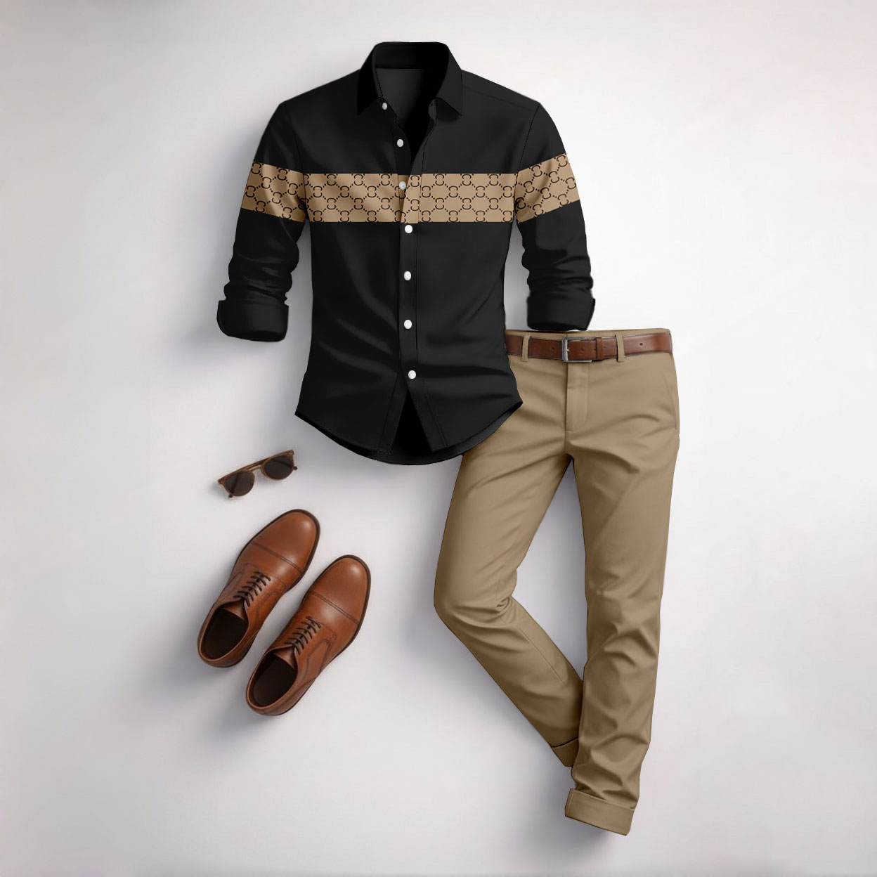 Men's Casual Black Plaid Color Matching Geometric Printed Long Sleeved Shirt & Trousers Two-Piece Set