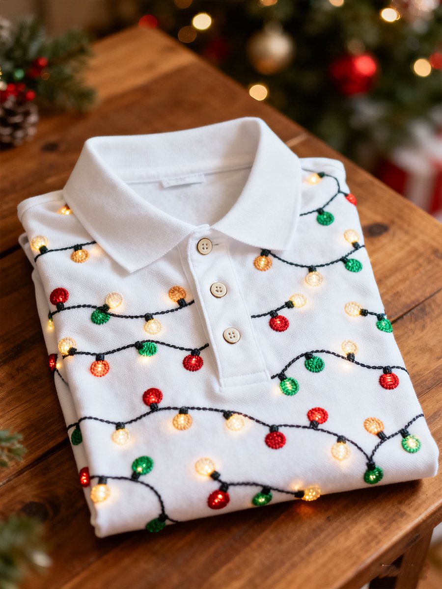 Men's Business Christmas Lights Button Long Sleeve Polo Shirt