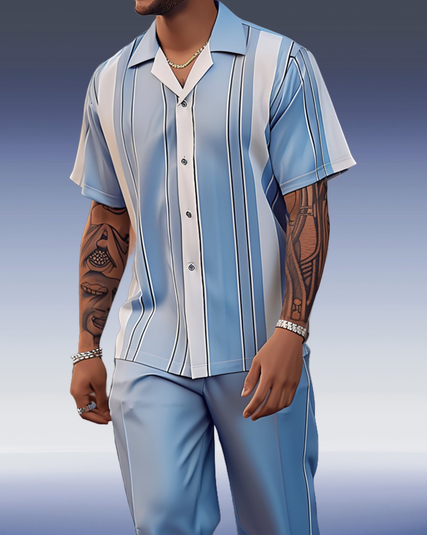 Men's Gorgeous Color Block Short Sleeve Shirt Walking Suit 1186