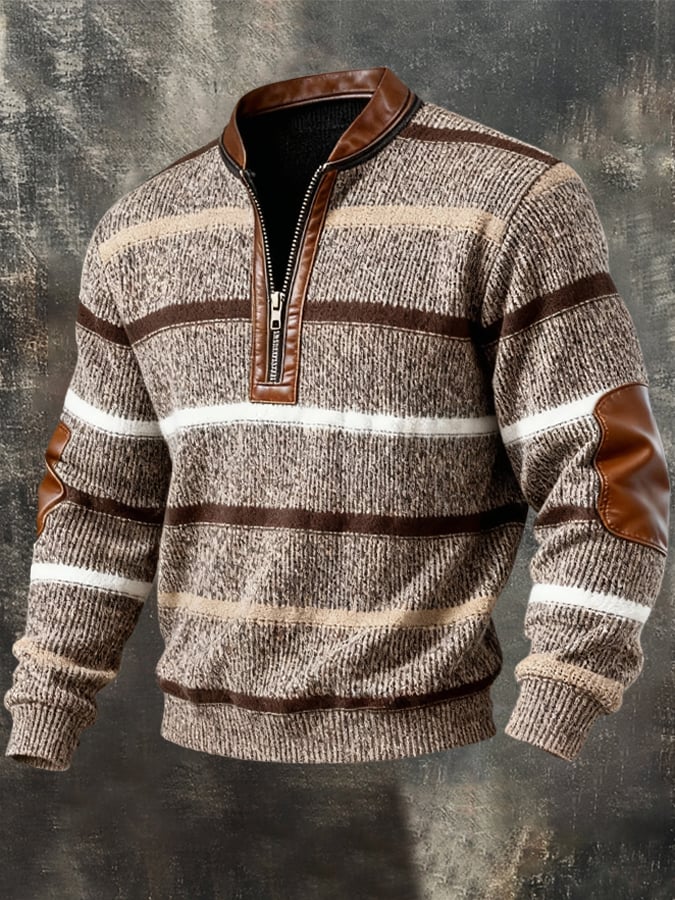 Men'S Casual Retro Contrast Color Half Zip Stand Collar Long Sleeve Sweatshirt