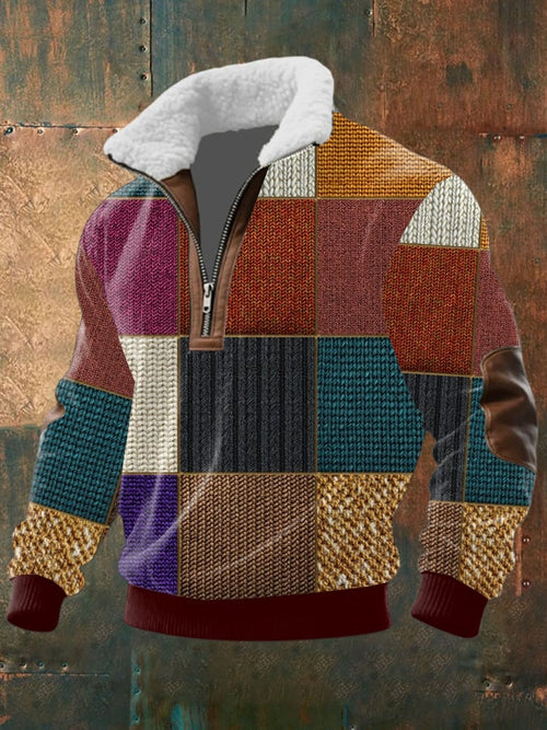 Men's Retro Print Half Zip Lapel Sweatshirt