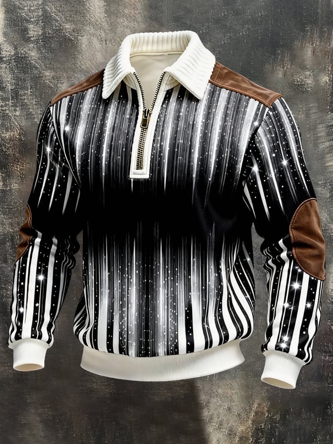 Men's Retro Color Block Print Color-Blocked Zip-Up Sweatshirt