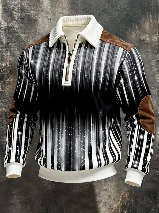 Men's Retro Color Block Print Color-Blocked Zip-Up Sweatshirt