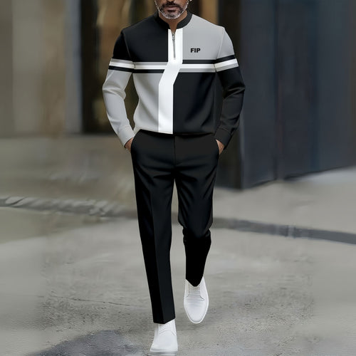Men's Casual Black Gray White Color Matching Geometric Printed Round-Neck Zipper Long Sleeved Trousers Two-Piece Set