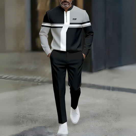 Men's Casual Black Gray White Color Matching Geometric Printed Round-Neck Zipper Long Sleeved Trousers Two-Piece Set
