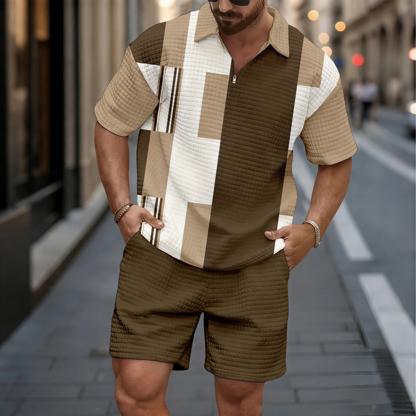 Men's Casual Khaki & White Geometric Pattern Short-Sleeved Shirt And Shorts Two-Piece Set