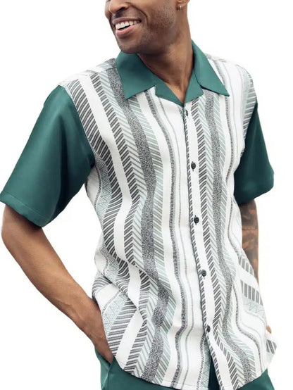 Men's Classic Bowling Shirt Contrasting Stripes Walking Suit 004