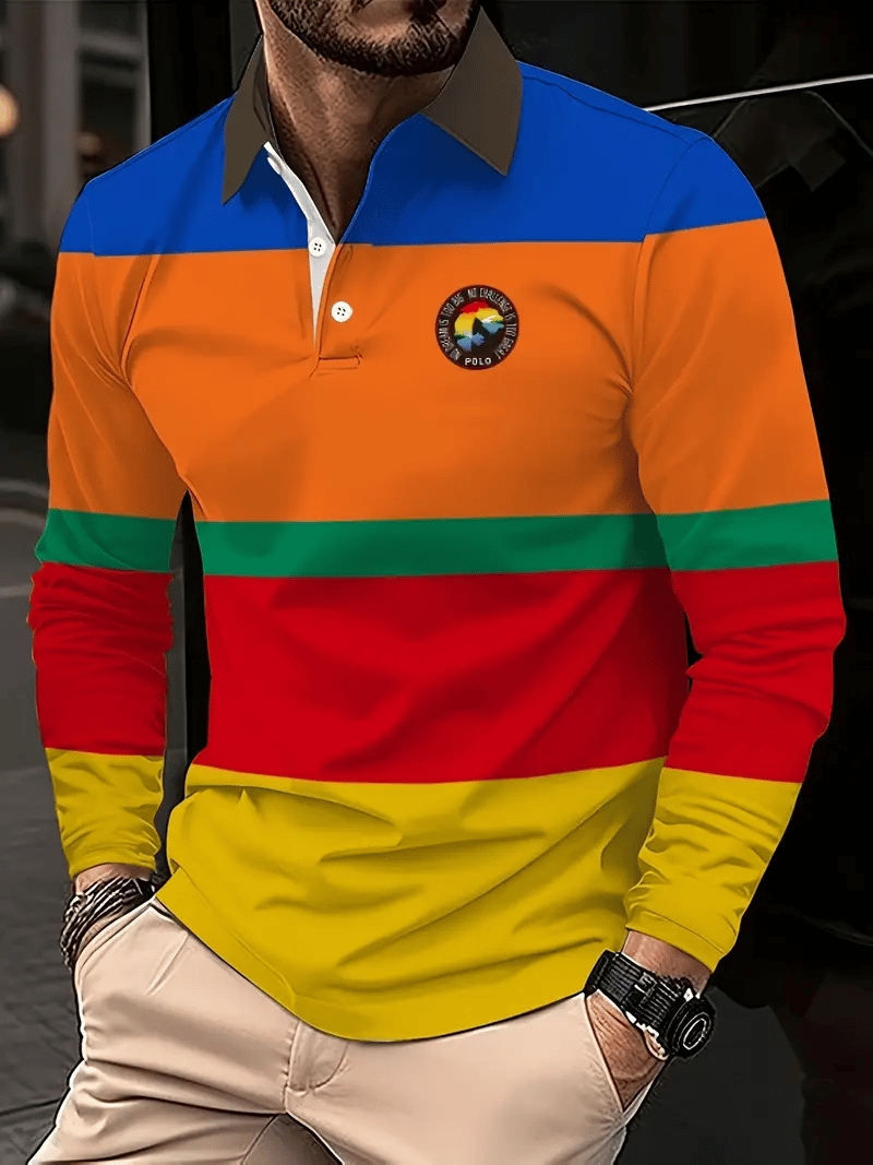 Men's Retro Business Stripe Print Long Sleeve Polo Shirt