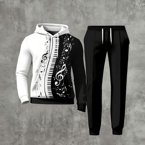 Men's Casual Black And White Piano Sheet Music Printed Long-Sleeve Hoodies Sweatshirt & Trousers Two-Piece Set