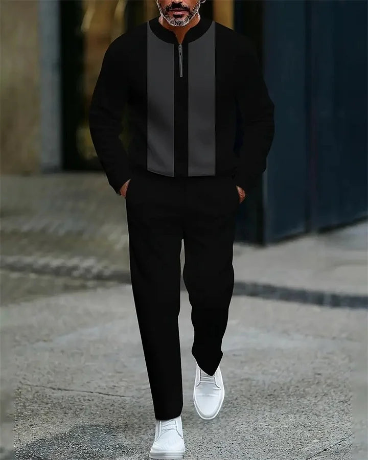 Men's Casual Color Matching Printed Round-Neck Zipper Long Sleeved Trousers Two-Piece Set