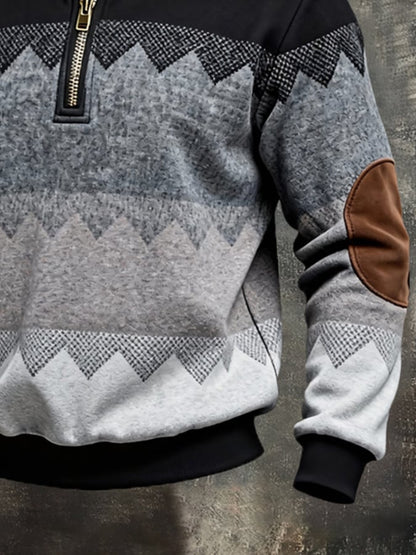 Men's Retro Color Block Print Color-Blocked Zip-Up Sweatshirt