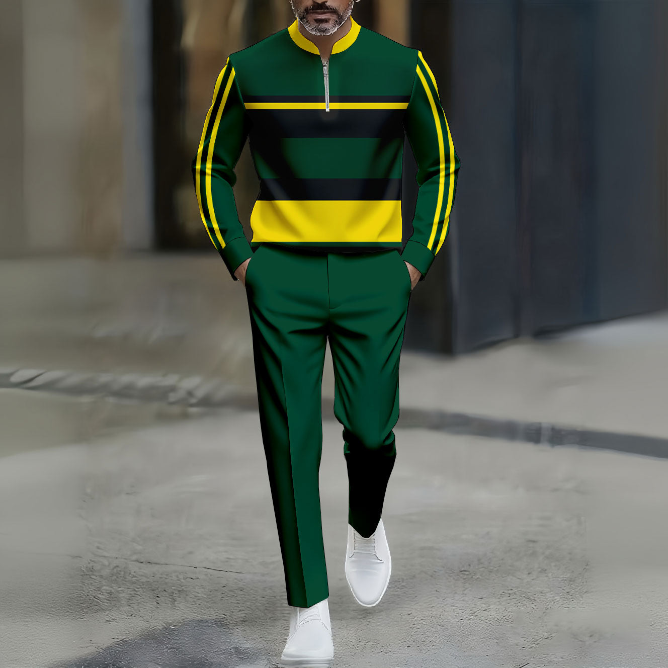 Men's Casual Color Matching Striped Printed Round-Neck Zipper Long Sleeved Trousers Green Two-Piece Set