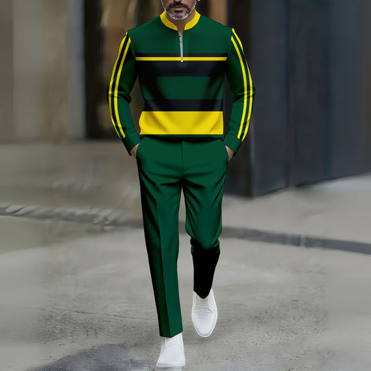 Men's Casual Color Matching Striped Printed Round-Neck Zipper Long Sleeved Trousers Green Two-Piece Set