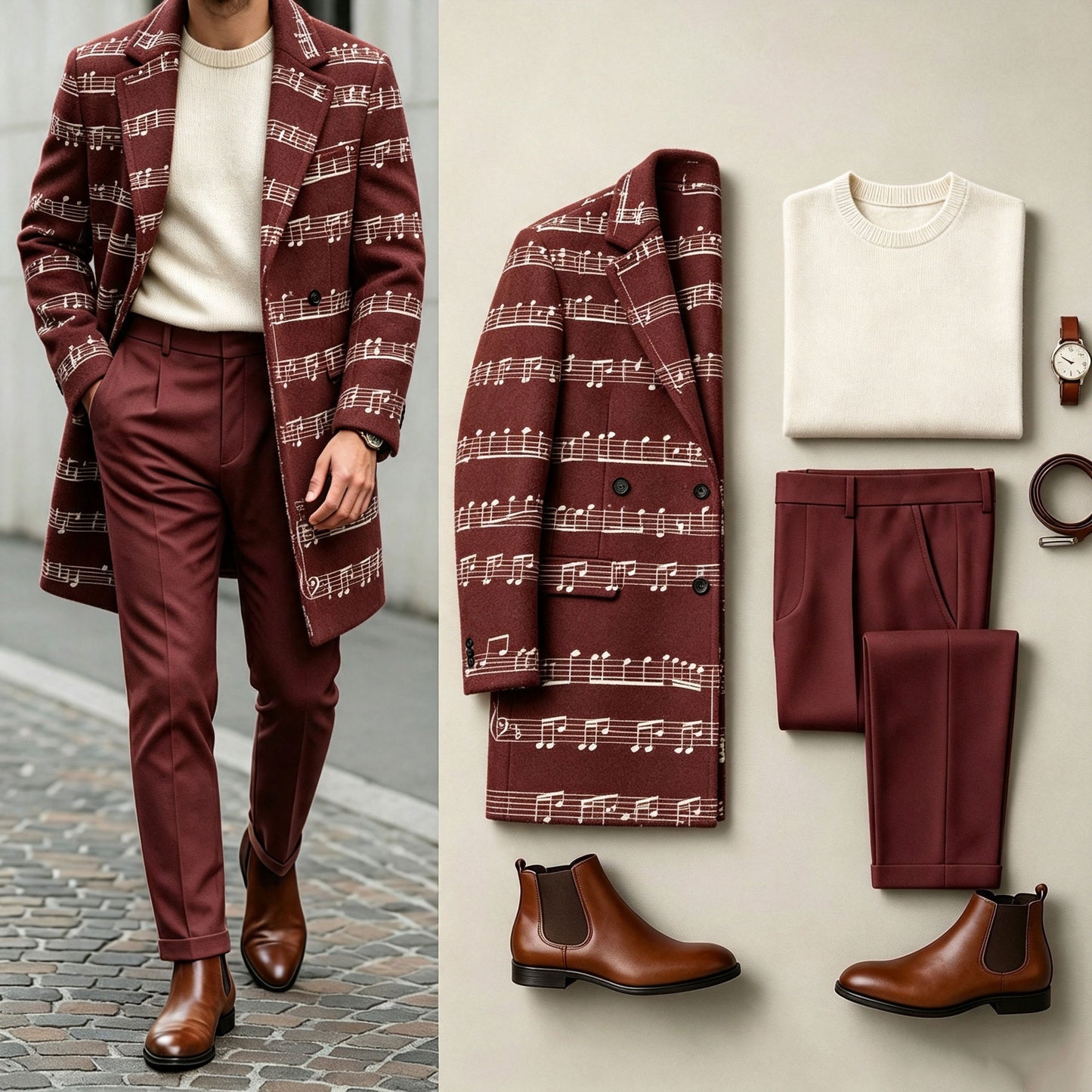 Men's Red Three-Piece Set: Mid-Length Wool Coat, Crew-Neck Sweater, and Flowy Dress Pants