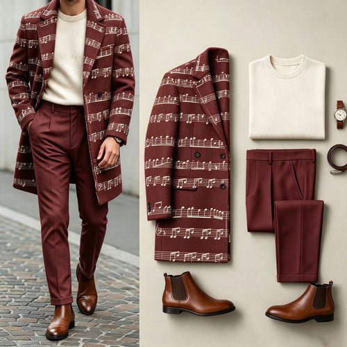 Men's Red Three-Piece Set: Mid-Length Wool Coat, Crew-Neck Sweater, and Flowy Dress Pants