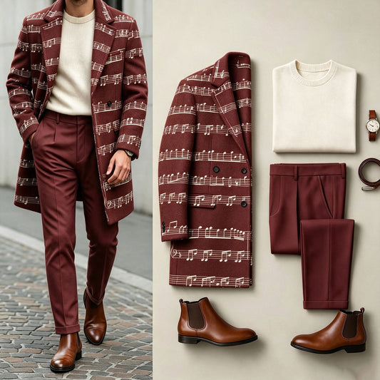 Men's Red Three-Piece Set: Mid-Length Wool Coat, Crew-Neck Sweater, and Flowy Dress Pants