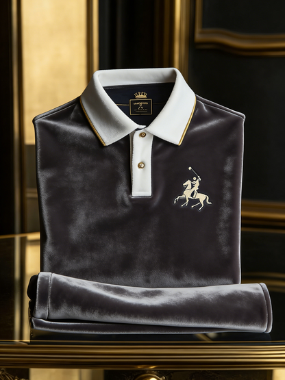 Men's Velvet Business Logo Print Long Sleeve Polo Shirt