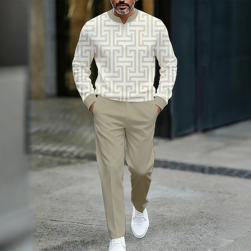 Men's Casual Color Matching Printed Round-Neck Zipper Long Sleeved Trousers Two-Piece Set