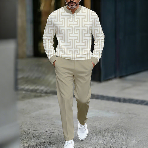 Men's Casual Color Matching Printed Round-Neck Zipper Long Sleeved Trousers Two-Piece Set