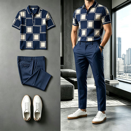 Men's Checkered Short-Sleeve Polo Shirt and Pants Set