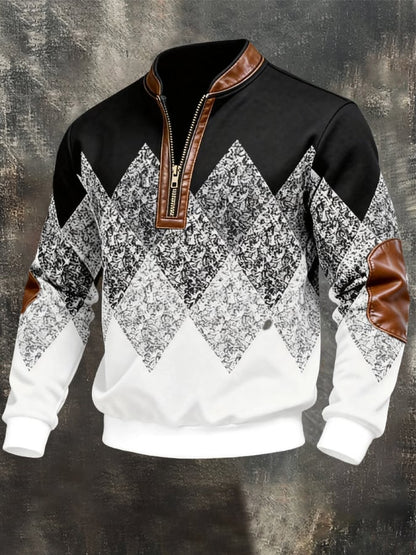 Men's Retro Color Block Print Color-Blocked Zip-Up Sweatshirt