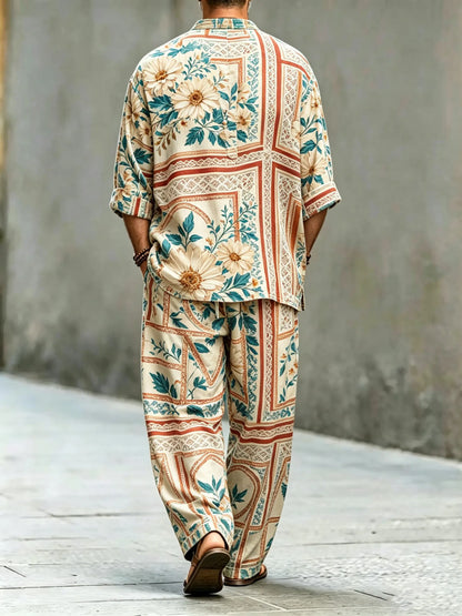 Men's Vintage Abstract Art Printed Cotton Shirt Set (Top & Pants)