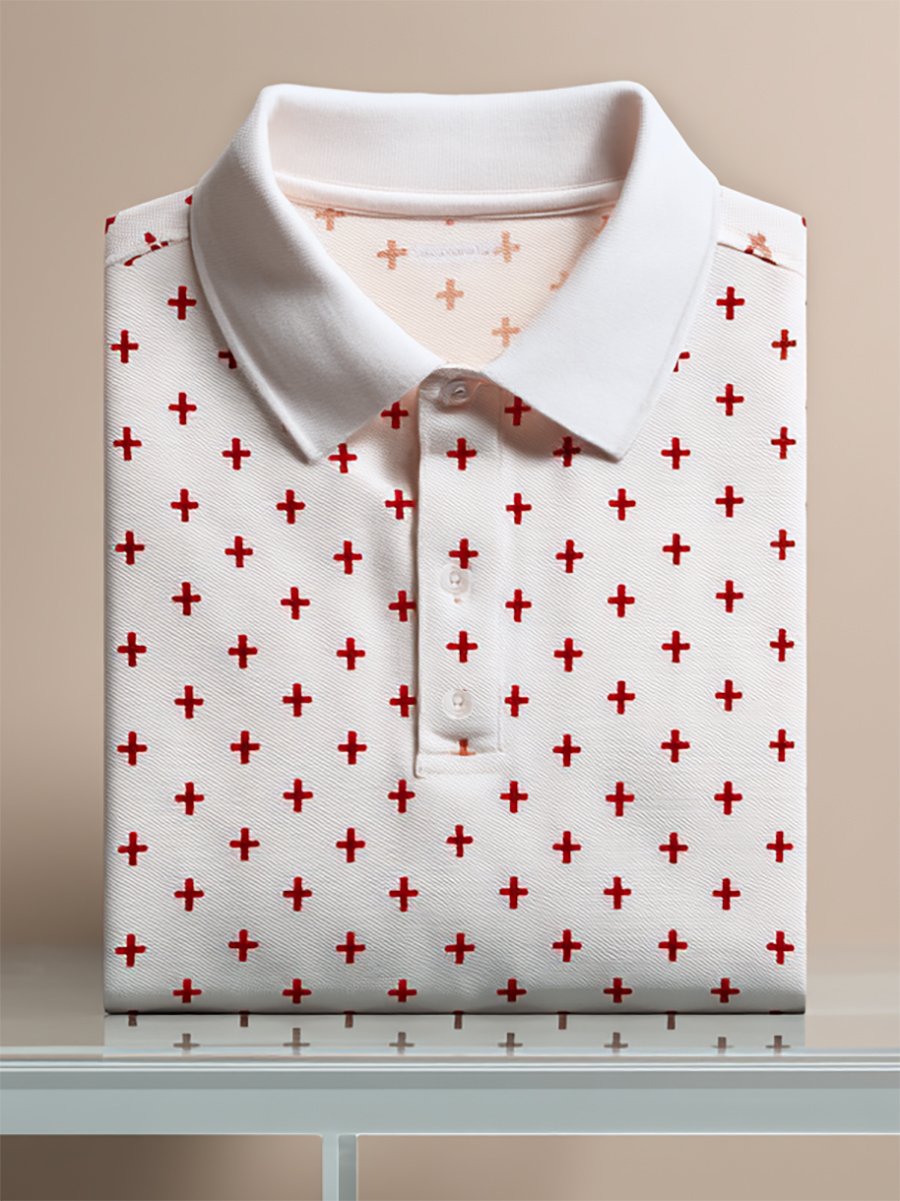 Men's Business Casual Cross Faith Art Button Short Sleeve Polo Shirt