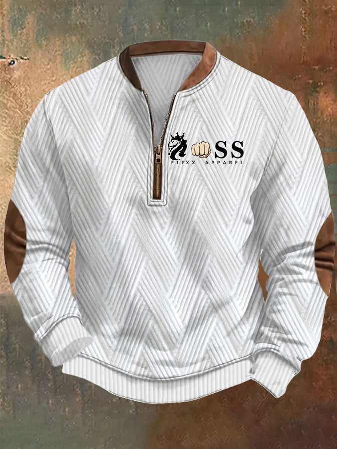 Men's Retro Letter Design Jacquard Fabric Zipper Neck Sweatshirt