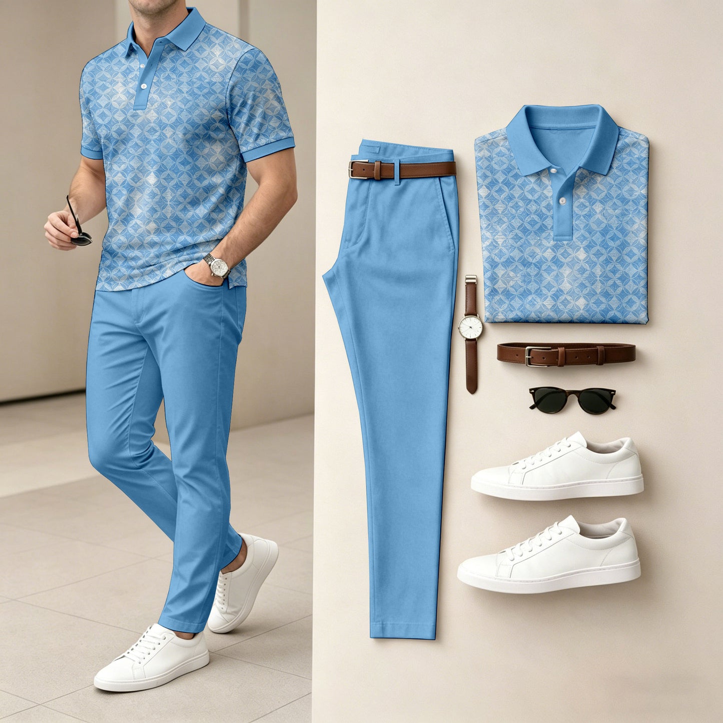 Men's Checkered Short-Sleeve Polo Shirt and Pants Two-Piece Set
