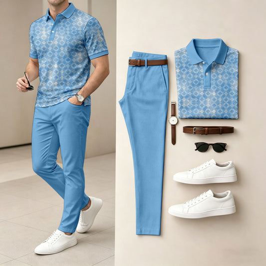 Men's Checkered Short-Sleeve Polo Shirt and Pants Two-Piece Set