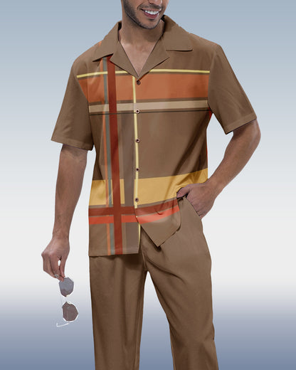 Rianmond Men's Check Print Short Sleeve Shirt Walking Set 290