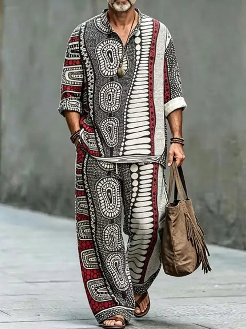 Men's Tribal Geometric Print Half Button Long Sleeve Shirt Pants 2pcs Set