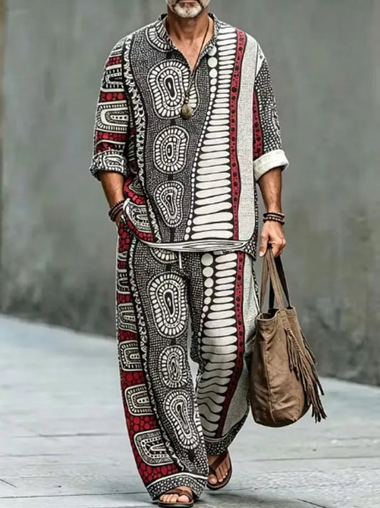 Men's Tribal Geometric Print Half Button Long Sleeve Shirt Pants 2pcs Set