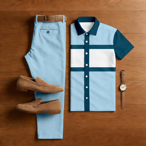 Men's Casual Light Blue & Blue Color Matching Geometric Printed Short Sleeved Shirt & Trousers Two-Piece Set