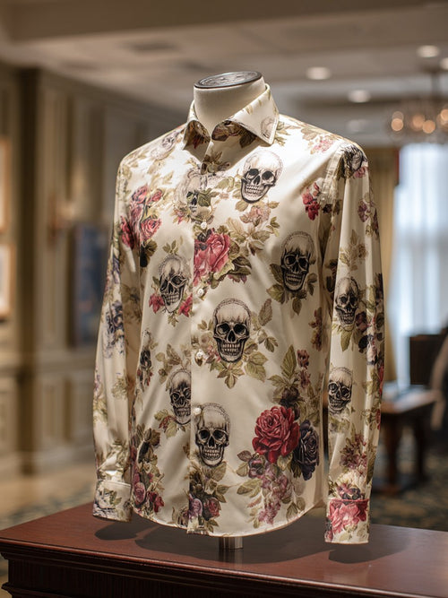 Men's Business Casual Skull Rose Lapel Long Sleeve Shirt