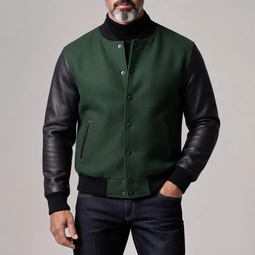 Men's Vintage Woolen Contrast Spliced PU Leather Long Sleeve Button Up Bomber Jacket